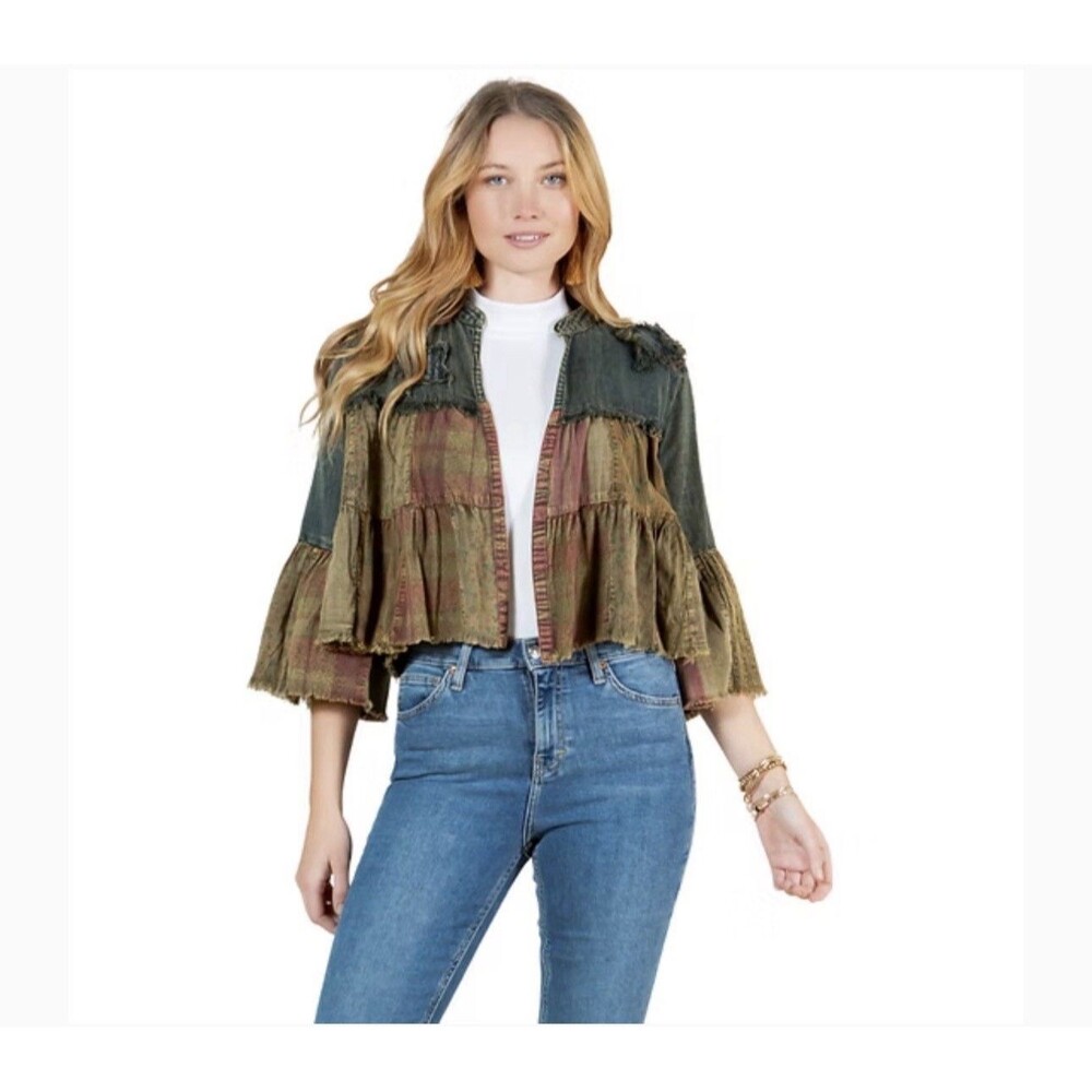 Young Threads Ruffle Patchwork Boho Denim Cardiga… - image 1